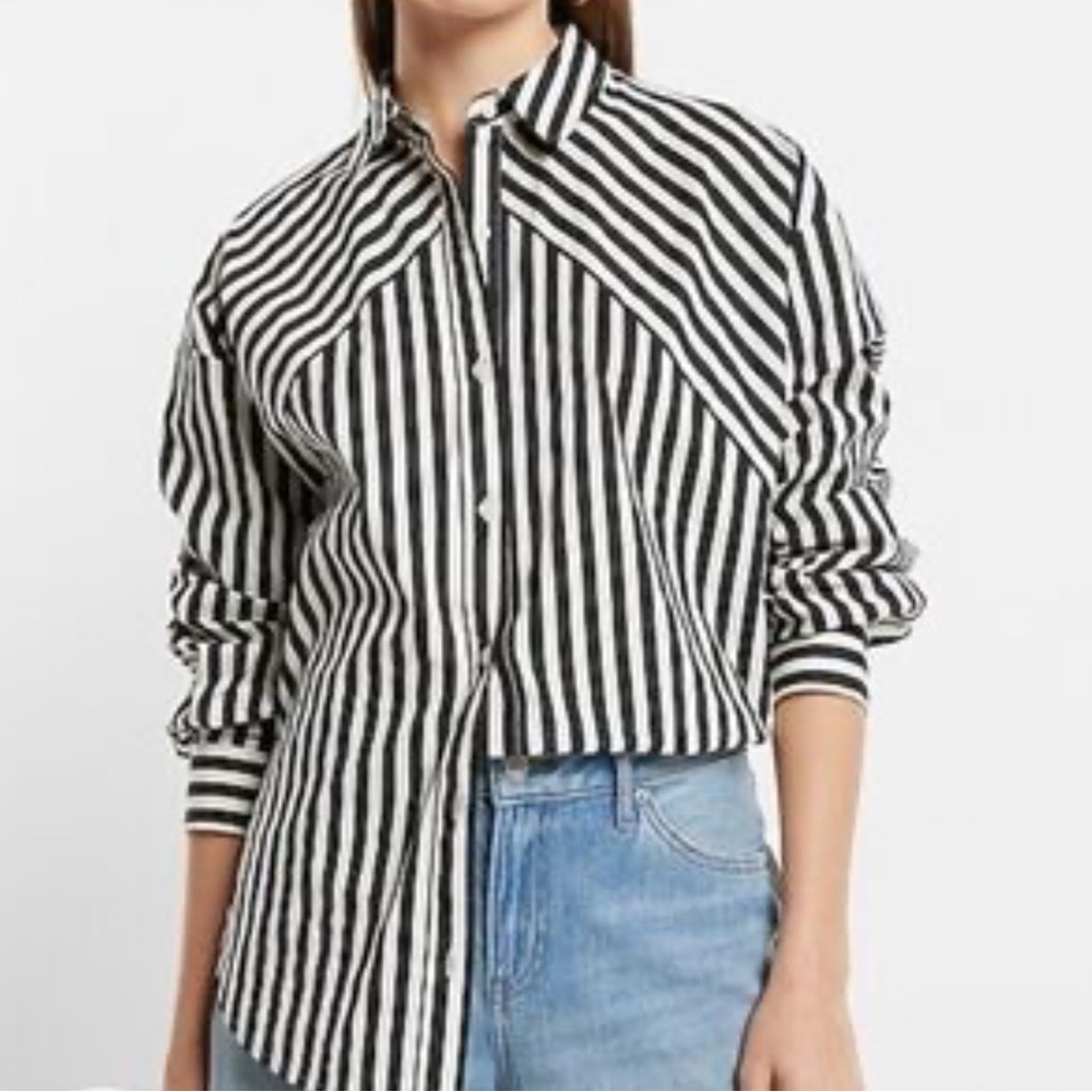 Express Poplin Striped Boyfriend Black and White Button Down Shirt